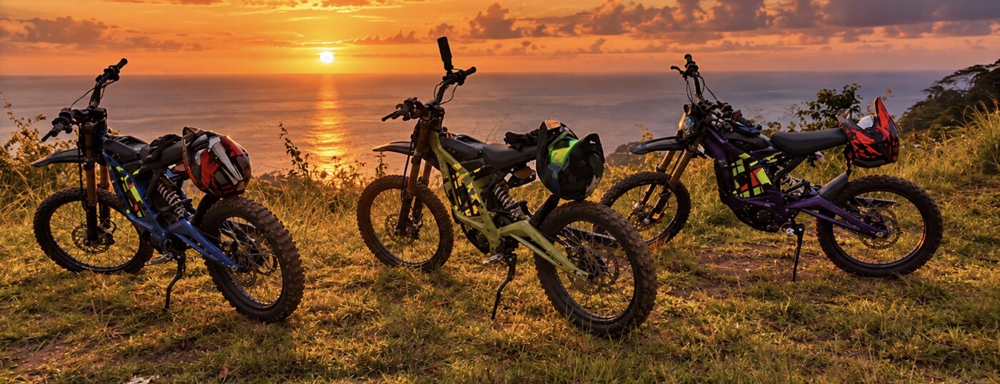 Electric dirt bikes at a Pacific sunset viewpoint